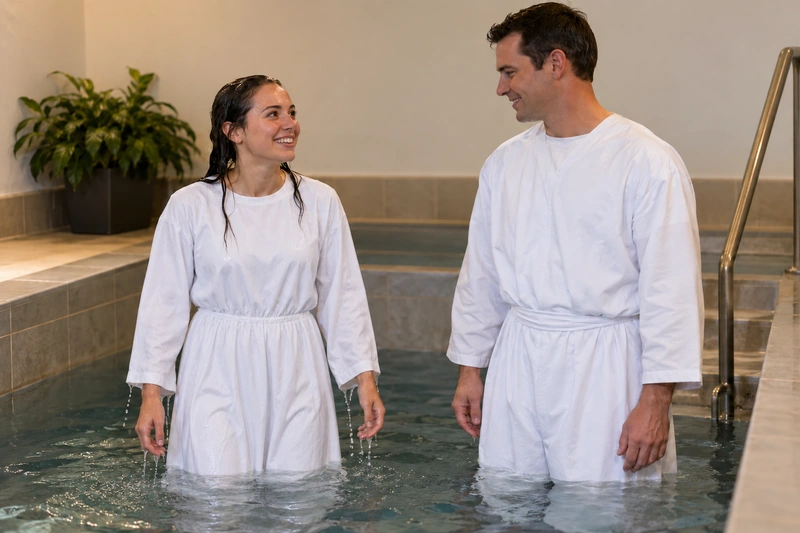 An adult woman and man in opaque white clothing stand apart in a baptismal font, smiling toward one another.