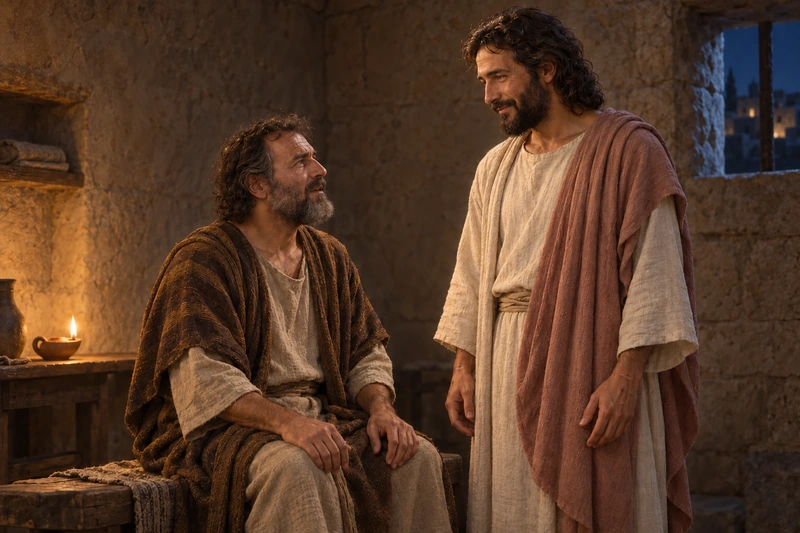 The risen Jesus Christ stands beside Paul in a lamplit room as Paul looks up at Him.