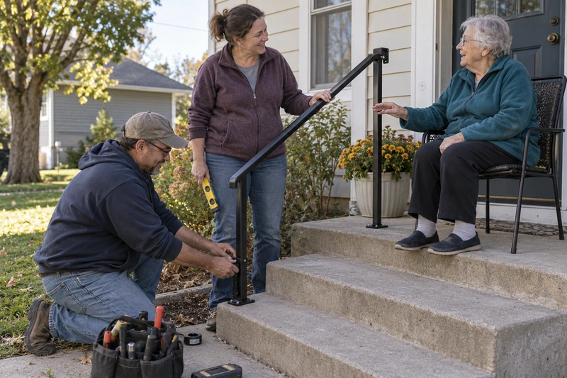Two neighbors fit a handrail beside entrance steps while an older resident joins their conversation.