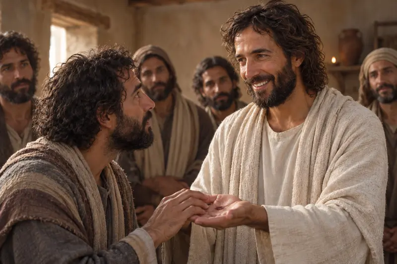 Thomas meeting the risen Jesus Christ among the disciples