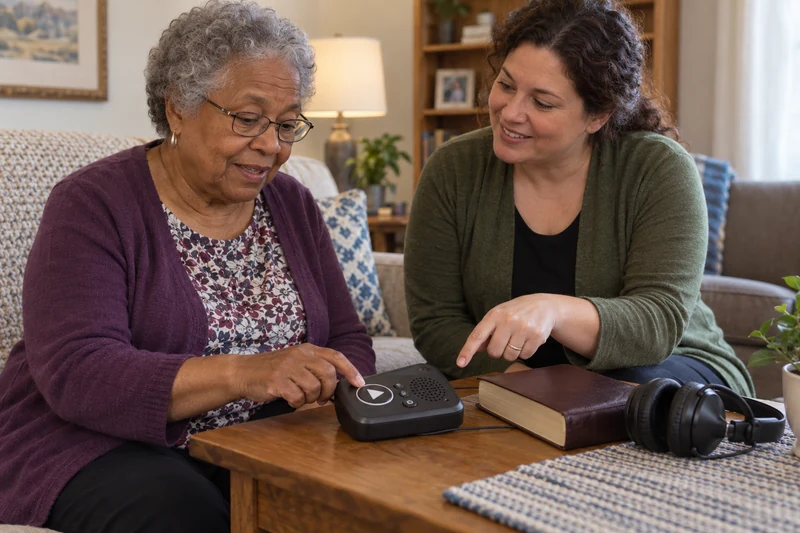 An older woman presses an audio player’s large play button while a woman beside her points toward the controls.