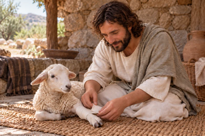 Jesus kneels beside a resting sheep and finishes wrapping a bandage around its lower foreleg.