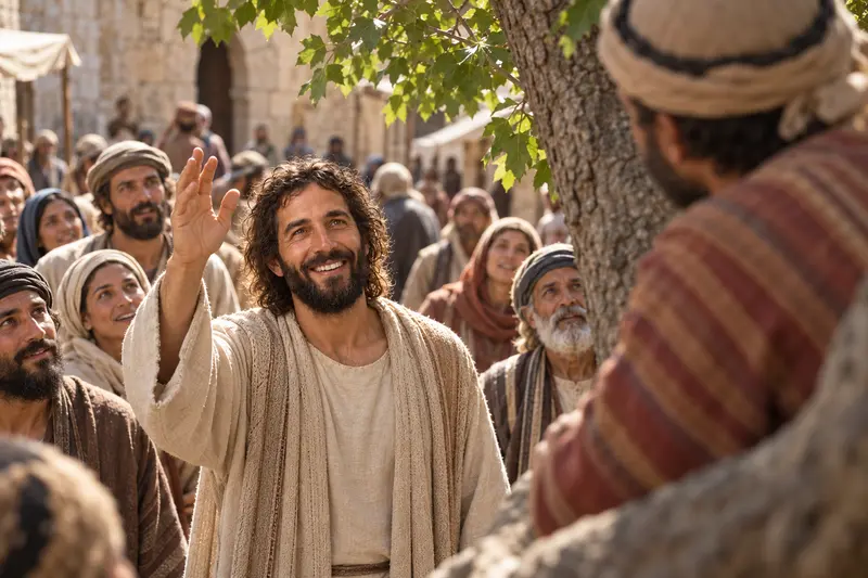 Jesus Christ looking up toward Zacchaeus above a crowd