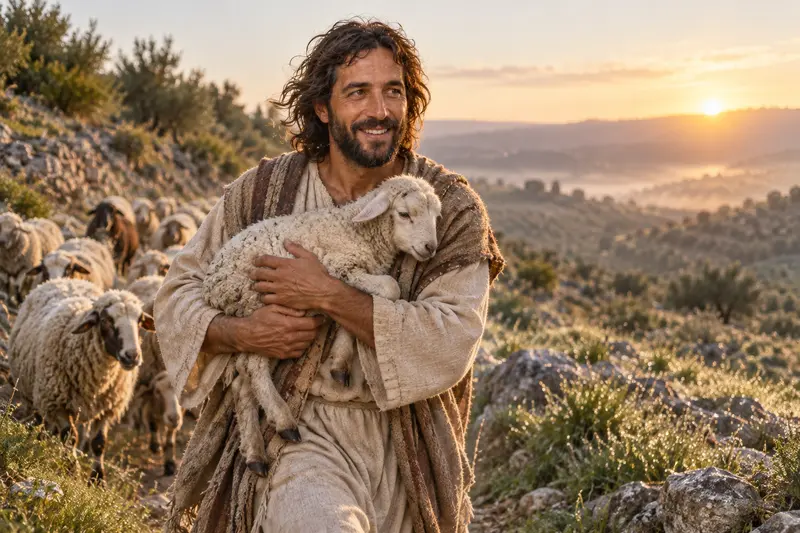 Jesus Christ carrying a lamb across a hillside