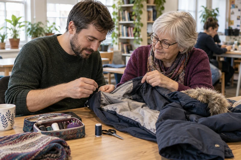 A man stitches a coat lining while an older woman holds the fabric steady at a table.