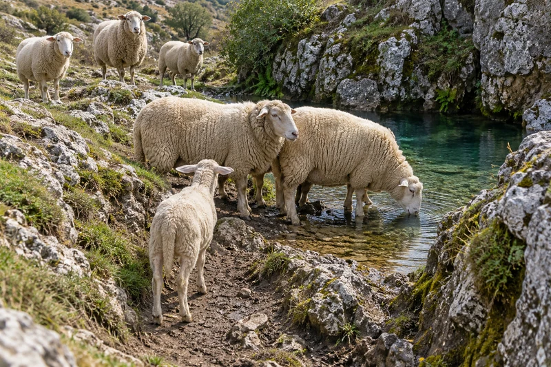 A smaller sheep waits behind two larger sheep at a narrow approach to water, with three more sheep on the bank.
