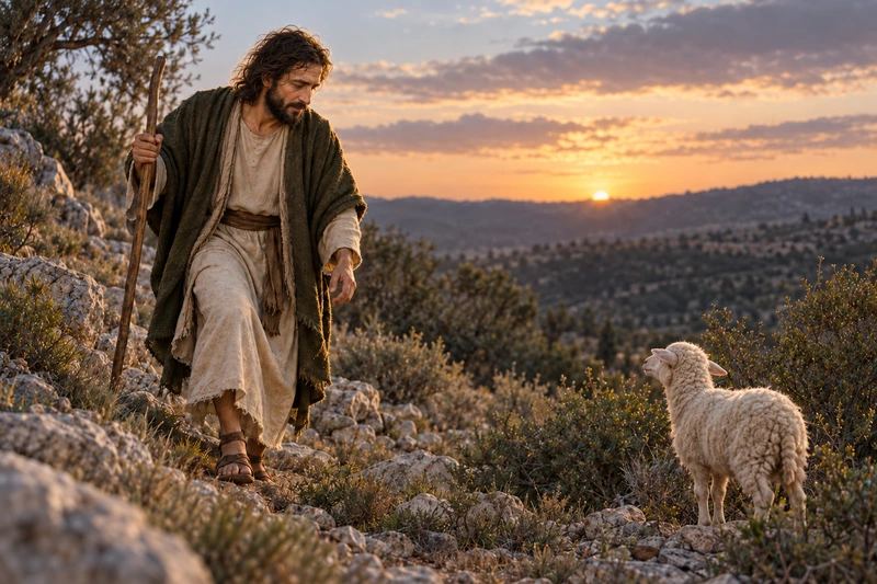 Christ as the Good Shepherd approaches one sheep among rocks and scrub at dusk.