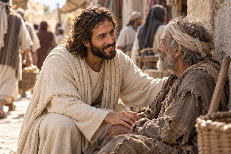 Jesus Christ kneeling beside an older man in a village street