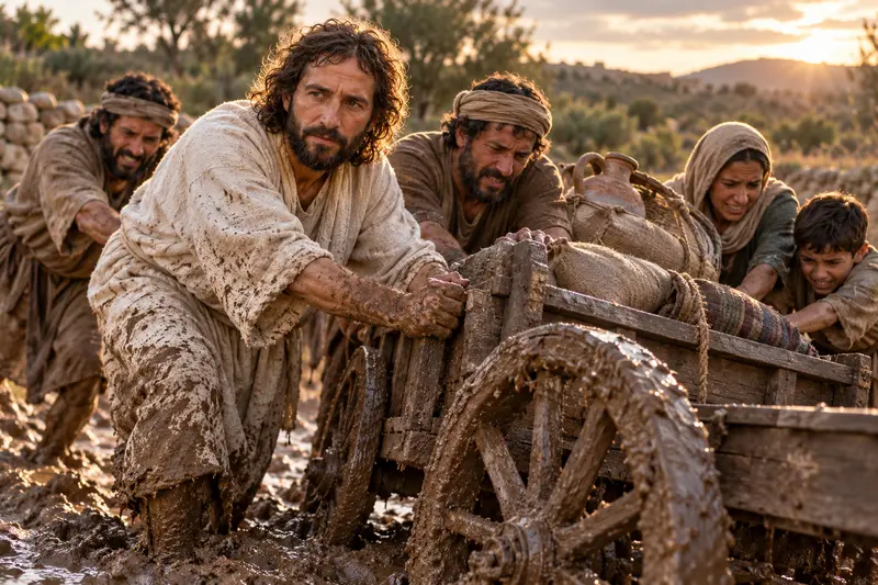 Jesus Christ helping a family push a handcart from the mud