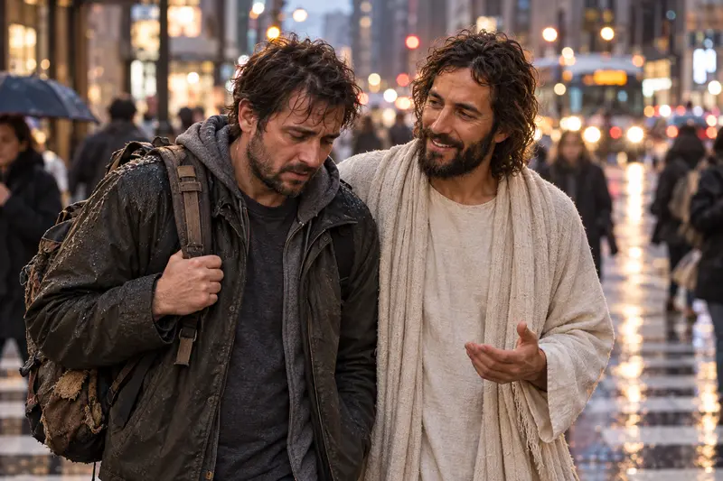 Jesus Christ walking beside a weary man in a busy city