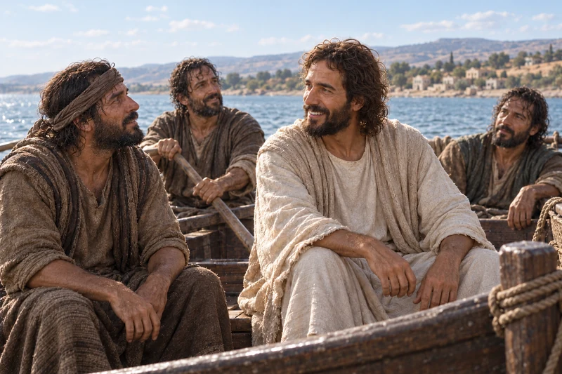 Jesus sits in a boat facing a headband-wearing companion while one man rows and another rests behind Him.