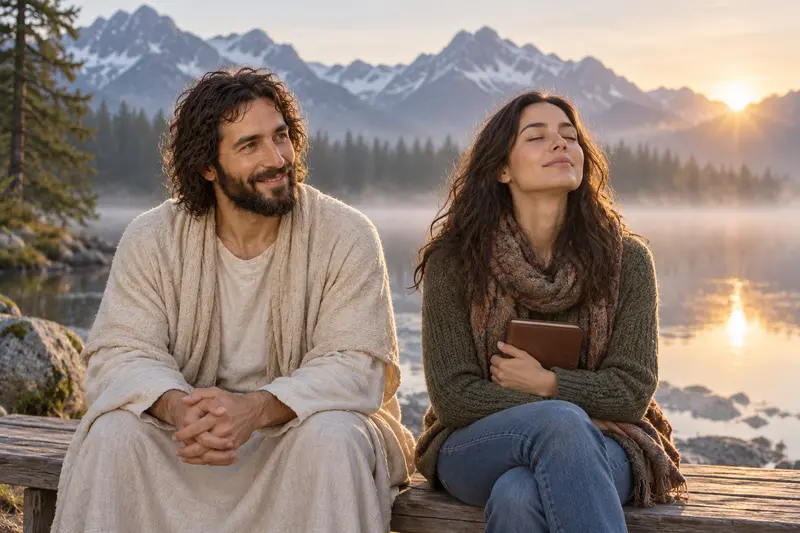 Jesus Christ sitting beside a woman at a quiet mountain lake