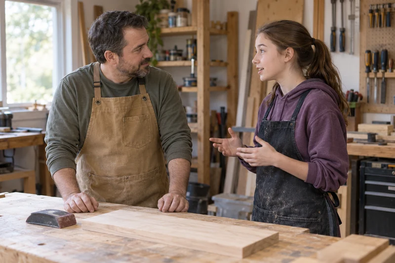 A man pauses beside a wooden board and a resting sanding block to listen to a teenager.