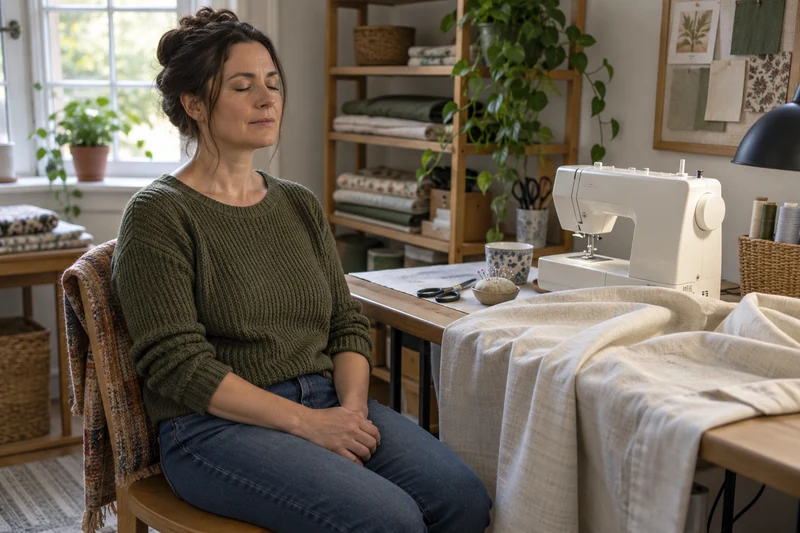 A woman sits with her eyes closed and both hands in her lap beside a still sewing machine and unfinished curtain.