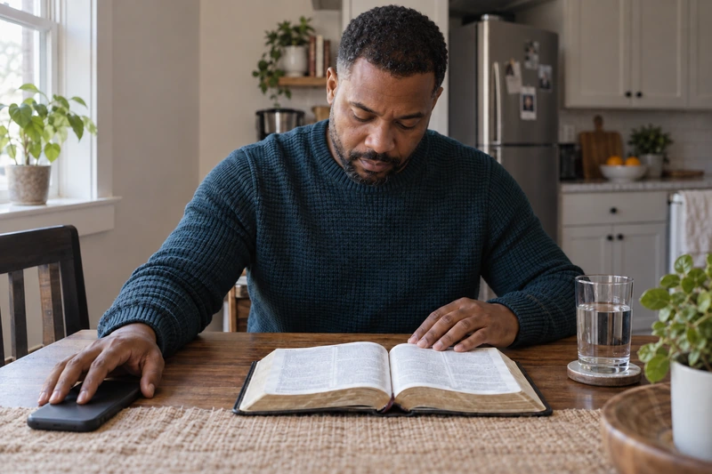 A man sets his phone face down and turns his attention to an open Bible at the kitchen table.