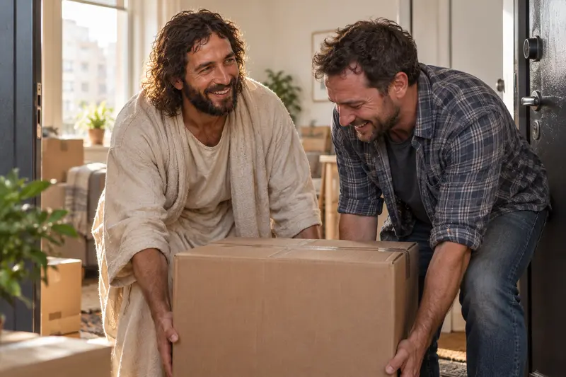 Jesus Christ helping a tired father lift a moving box