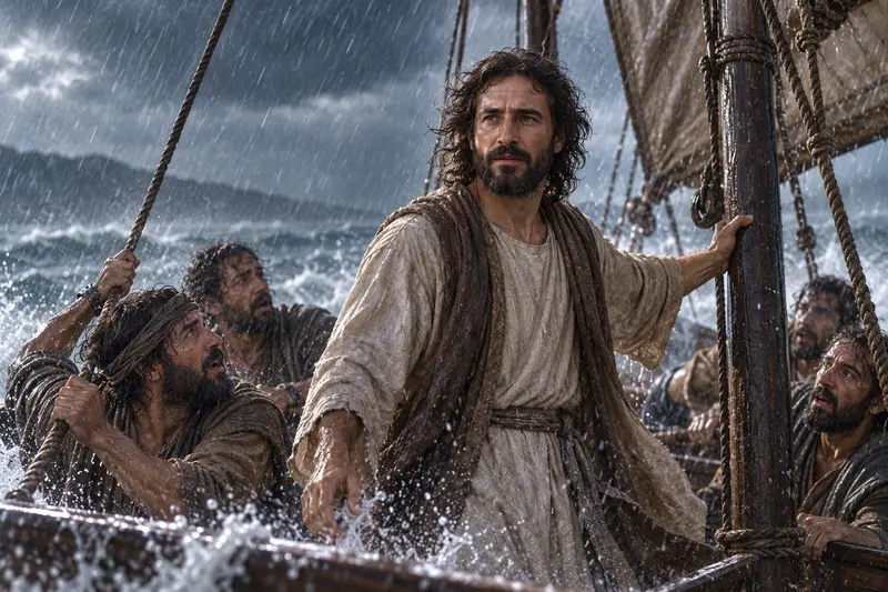 Jesus Christ standing with His disciples in a storm-tossed boat