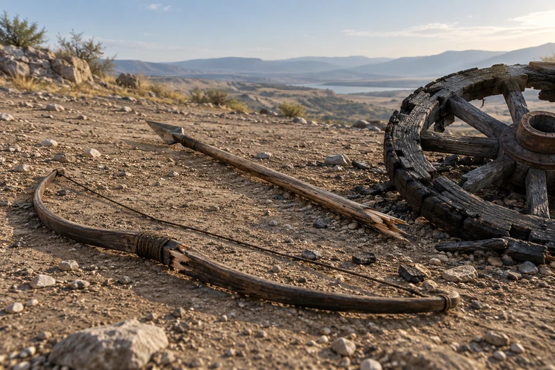 A broken bow, a broken spear and a charred wheel lie still on open ground.