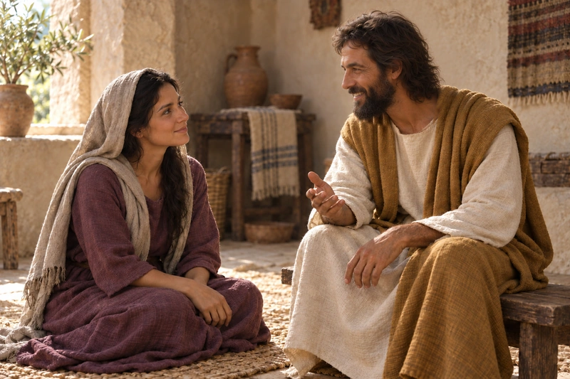Mary listening as Jesus Christ teaches in a home