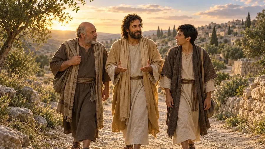 Jesus Christ walking with two disciples and teaching them from the scriptures on the road to Emmaus
