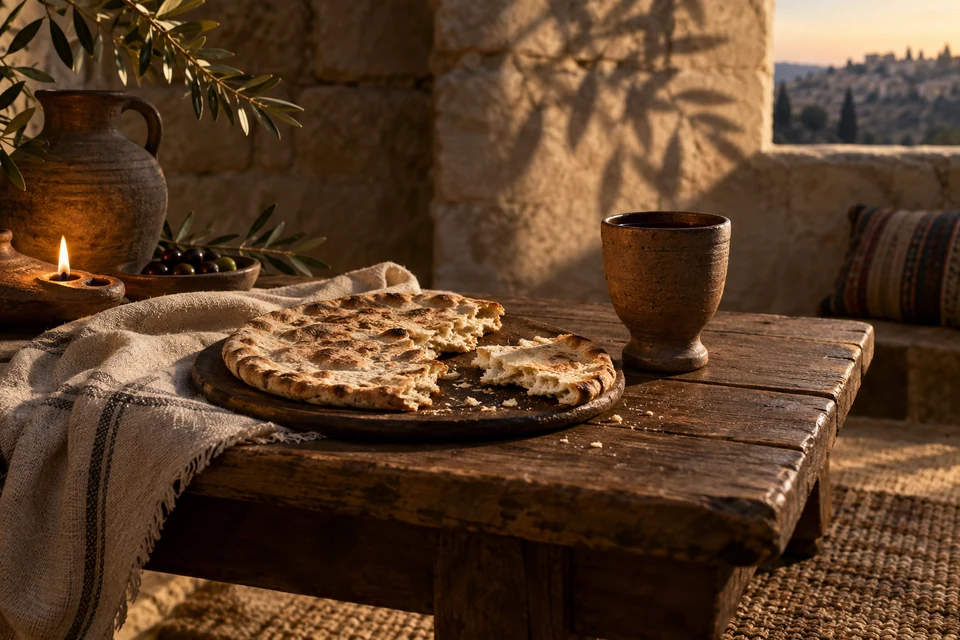 Bread and a cup rest on a quiet table. Return to the Savior’s words at the Last Supper.
