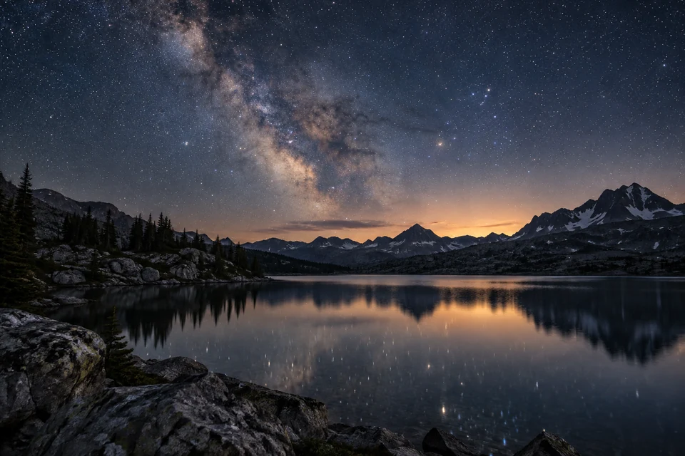 Stars fill the sky above still water. Let the quiet of this imagined landscape lead you to the scriptures about Jesus Christ, the Creator.