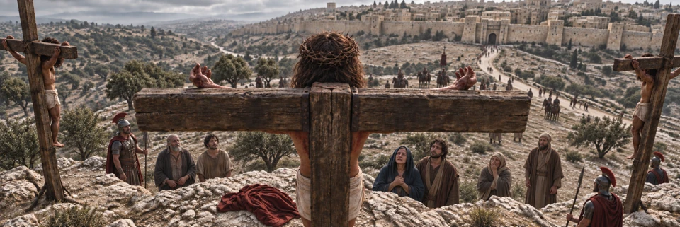 From above and behind the cross, we look toward the people gathered below and Jerusalem beyond. John records the Savior’s love and His finished work.