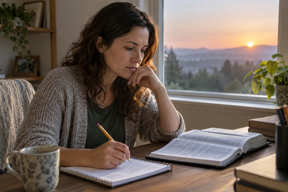 An open book and notebook sit before a thoughtful reader. Choose a passage and linger with it.