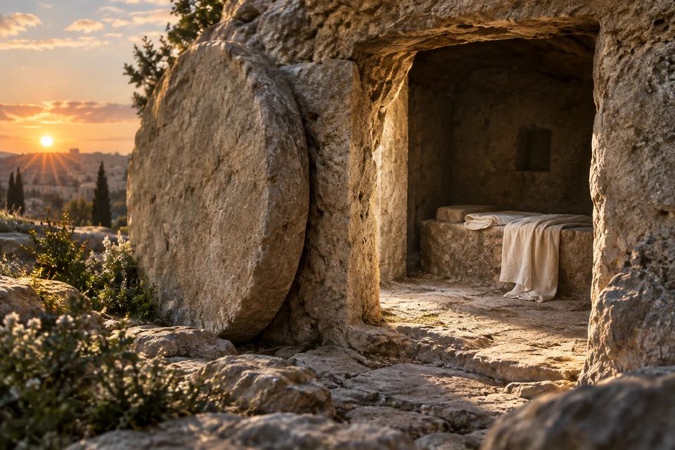 Morning light enters a rock-cut tomb. Read the witnesses’ accounts of the risen Savior.