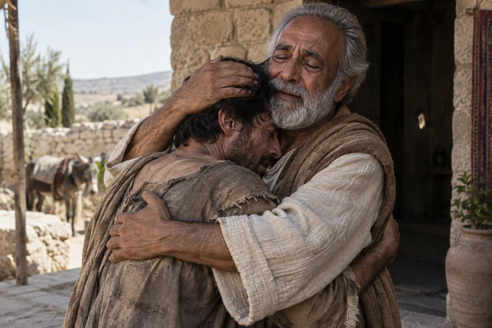 An elderly father holds his returning son. Read the parable Jesus told about repentance and welcome.