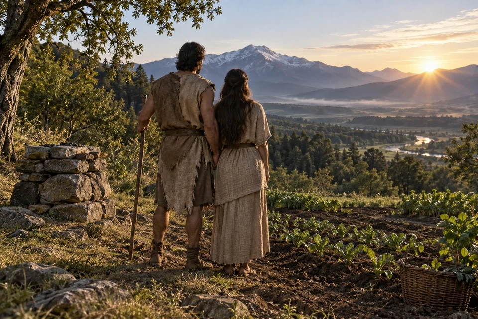 Two figures face the morning beside cultivated ground and a simple altar. This imagined scene of Adam and Eve invites us to read the promise of redemption they received.