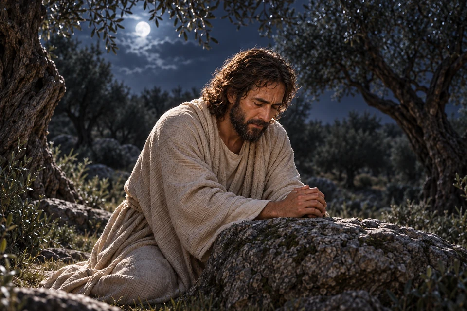 Under the olive trees, Jesus bows in prayer. Read His words to the Father.