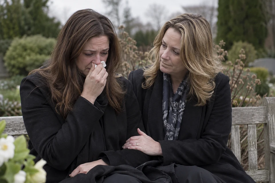 A woman rests her hand on another woman’s arm as she weeps. Presence can be a quiet gift in grief.