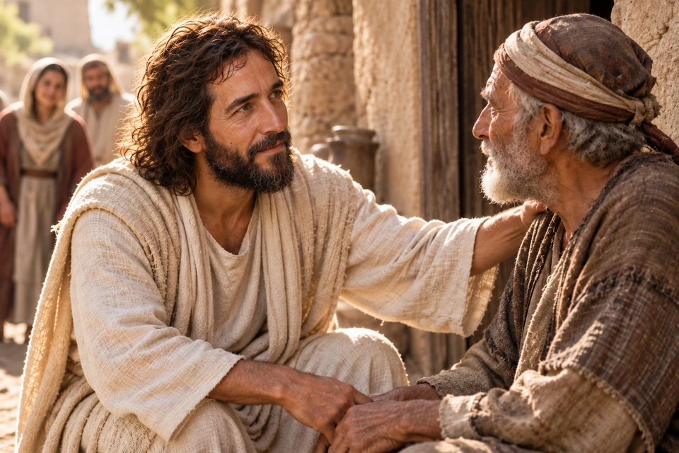 Jesus attends to an older man. The Gospels describe His compassion for those who needed Him.