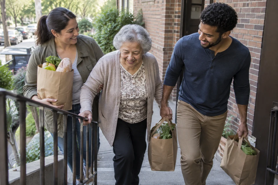 Neighbors carry bags together. Bearing another person’s burden often begins with ordinary help.
