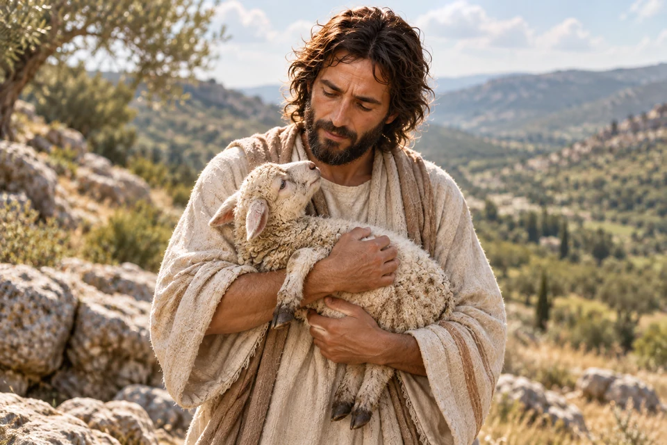 The sheep rests in His arms. Jesus tells of a shepherd who goes after the one that is lost.