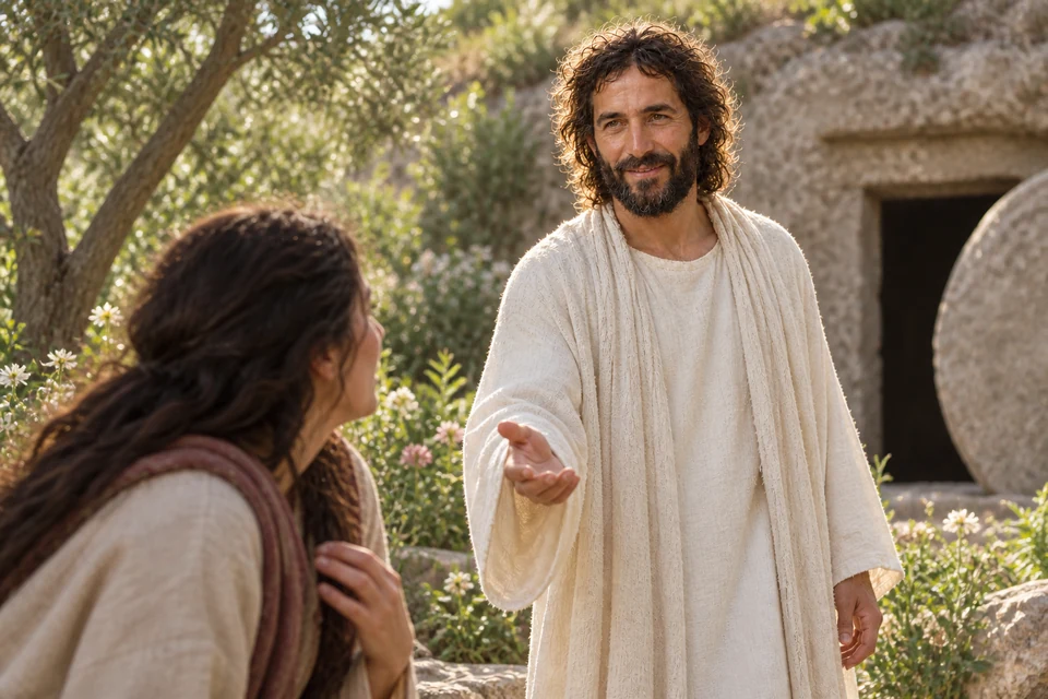 A woman turns toward the risen Jesus in a garden. John records that He called Mary by name.