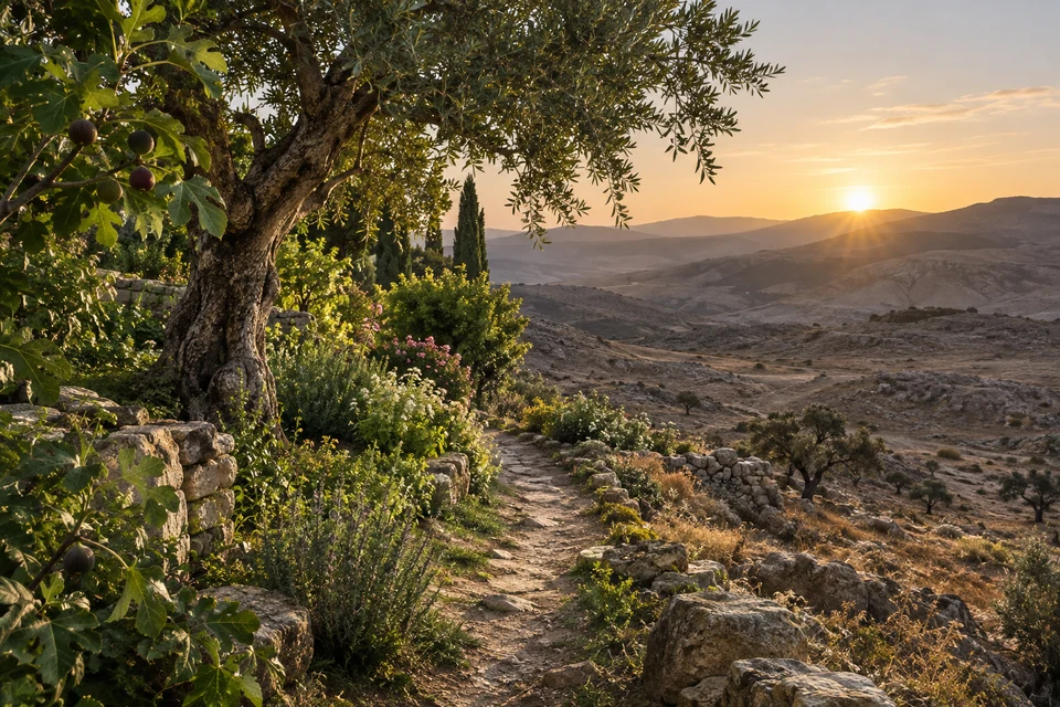 A path leads from green shelter into open, rugged country. Read Lehi’s teaching about agency and redemption.