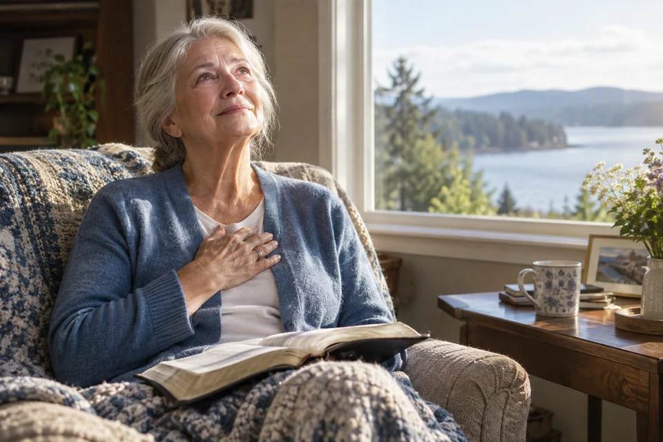 A woman sits with open scriptures and a quiet expression of gratitude. Consider the change Christ can bring to a heart.