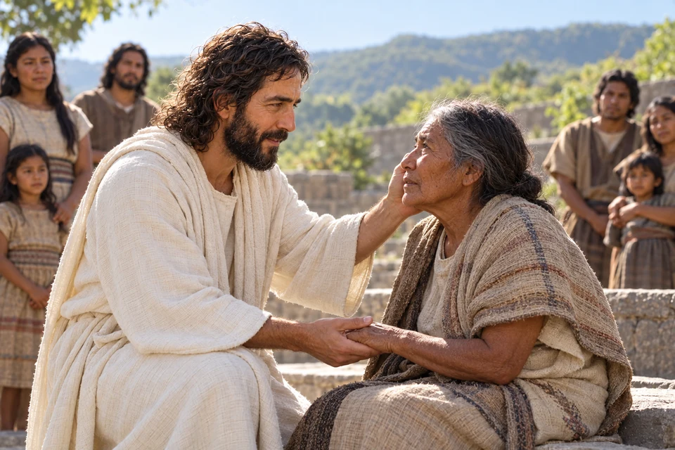 Jesus leans toward an older woman as others wait nearby. Read of His compassion and healing among the people in the Book of Mormon.