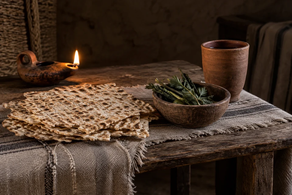 Bread, herbs, a cup, and a lamp invite a pause to remember Passover. This symbolic still life leads to the account of deliverance and to Jesus Christ, the Lamb of God.