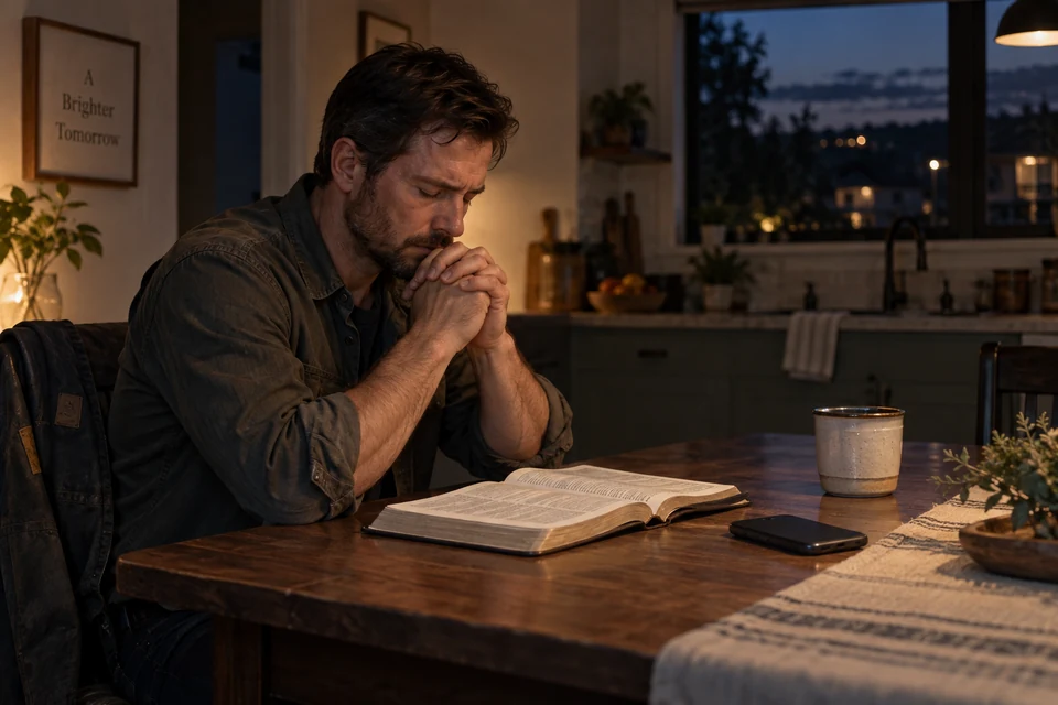 A man bows his head in the quiet of his home. There is room to speak honestly with God.