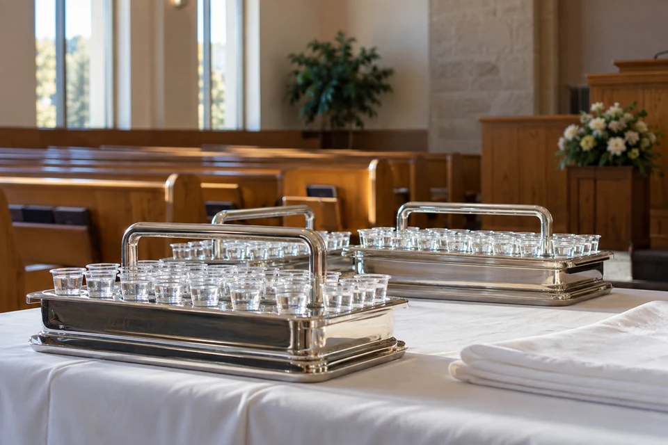 Water cups wait on the sacrament table. Read the prayer that asks us to remember Jesus Christ.