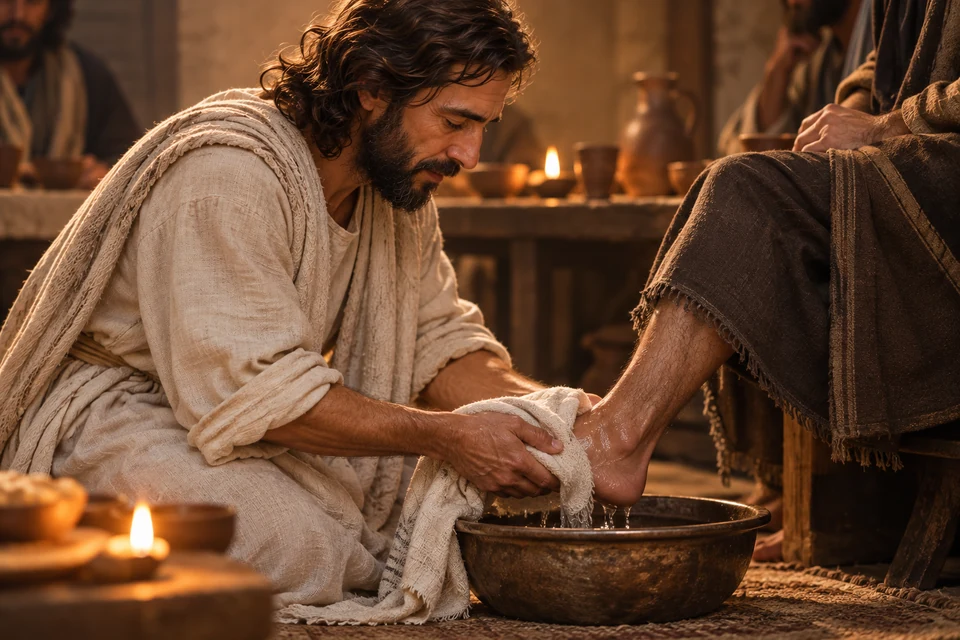 Jesus kneels with a basin and towel. He asks His disciples to follow His example of service.