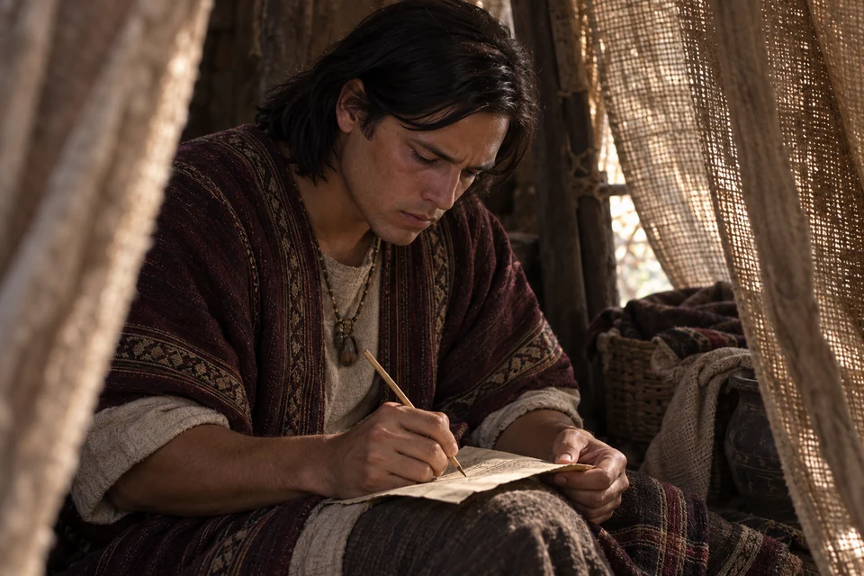 Young Alma the Elder writes Abinadi’s words in a secluded space screened by woven fabric.