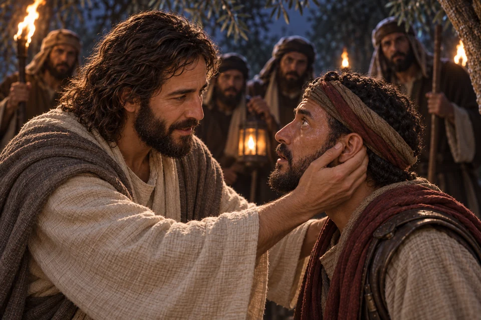 At night, Jesus gently touches the right ear of the startled servant as members of the arresting party stand behind them.