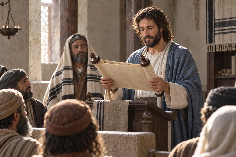 Jesus stands reading an open scroll before attentive adults in a modest synagogue.