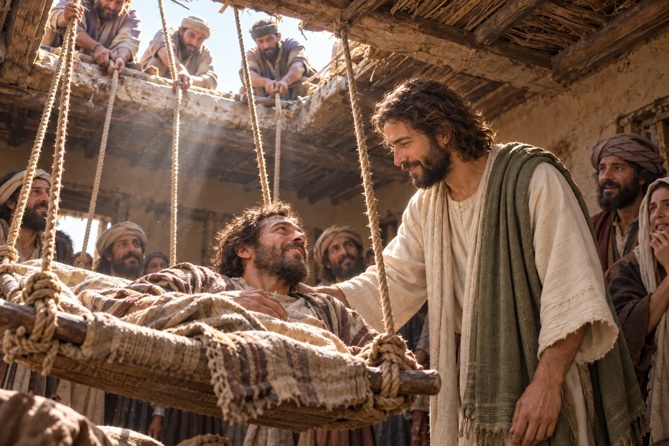 Helpers lower a man on a bed through a roof opening while Jesus welcomes him and people inside the house look toward them.