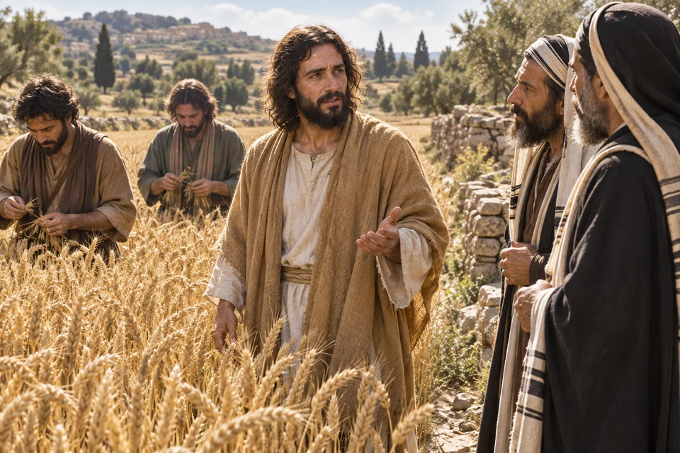 Jesus turns to questioners at the edge of a grainfield while two disciples pluck ears of wheat behind Him.
