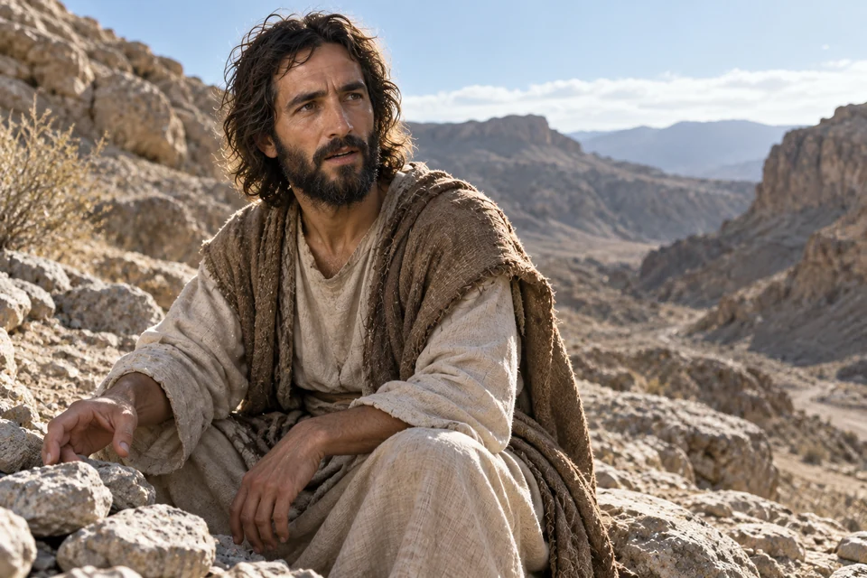 Jesus, weary but resolute, sits among wilderness rocks and answers an unseen tempter; ordinary stones lie nearby.
